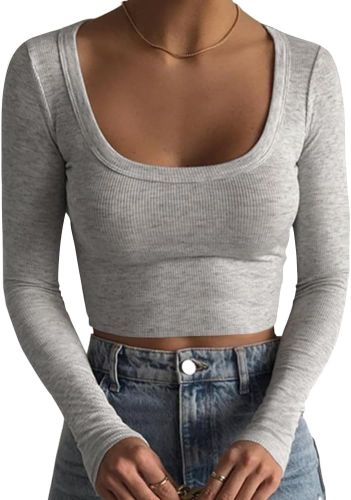 Artfish Women’s Square Neck Long Sleeve Ribbed Slim Fitted Casual Basic Crop Top