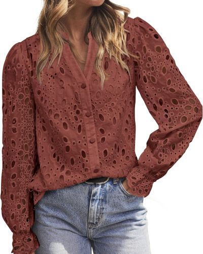 MASCOMODA Womens Tops Dressy Casual Fall Puff Long Sleeve Eyelet Button Shirts V Neck Lace Embroidered Hollow Out Work Blouse