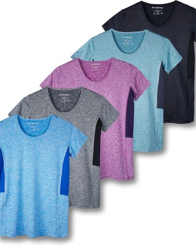 Real Essentials 5 Pack: Women’s Dry Fit Tech Stretch Short-Sleeve Crew Neck Athletic T-Shirt (Available in Plus Size)