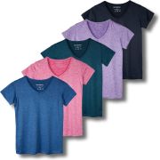 Real Essentials 5 Pack: Women’s Short Sleeve V-Neck Activewear T-Shirt Dry-Fit Wicking Yoga Top (Available in Plus)