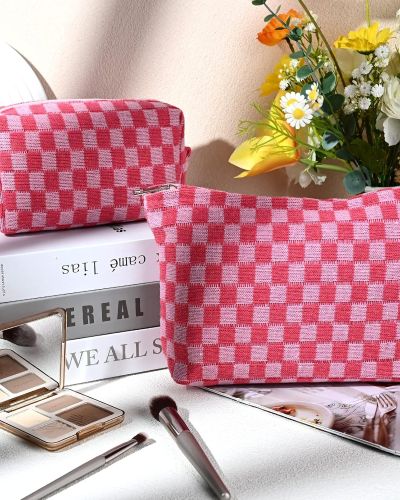 SOIDRAM 2 Pieces Makeup Bag Large Checkered Cosmetic Bag Capacity Canvas Mix Travel Toiletry Bag Organizer Cute Makeup Brushes Aesthetic Accessories Storage Bag for Women, Checkered Mix Rose Red