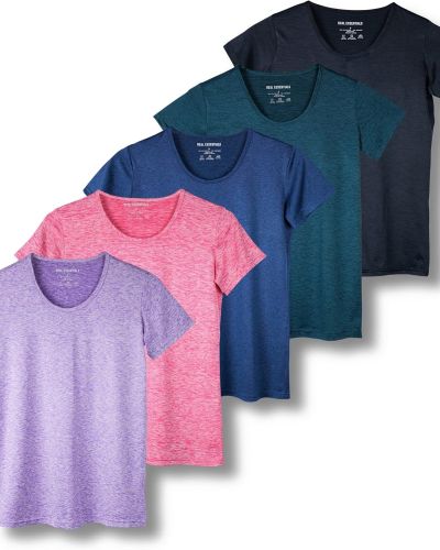 Real Essentials 5 Pack: Women’s Dry Fit Tech Stretch Short-Sleeve Crew Neck Athletic T-Shirt (Available in Plus Size)