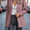 Women's Herringbone Open Front Business Jacket Casual Long Sleeve Notch Lapel Blazer Office Overcoats - Image 3