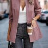 Women's Herringbone Open Front Business Jacket Casual Long Sleeve Notch Lapel Blazer Office Overcoats - Image 4