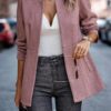 Women's Herringbone Open Front Business Jacket Casual Long Sleeve Notch Lapel Blazer Office Overcoats - Image 2