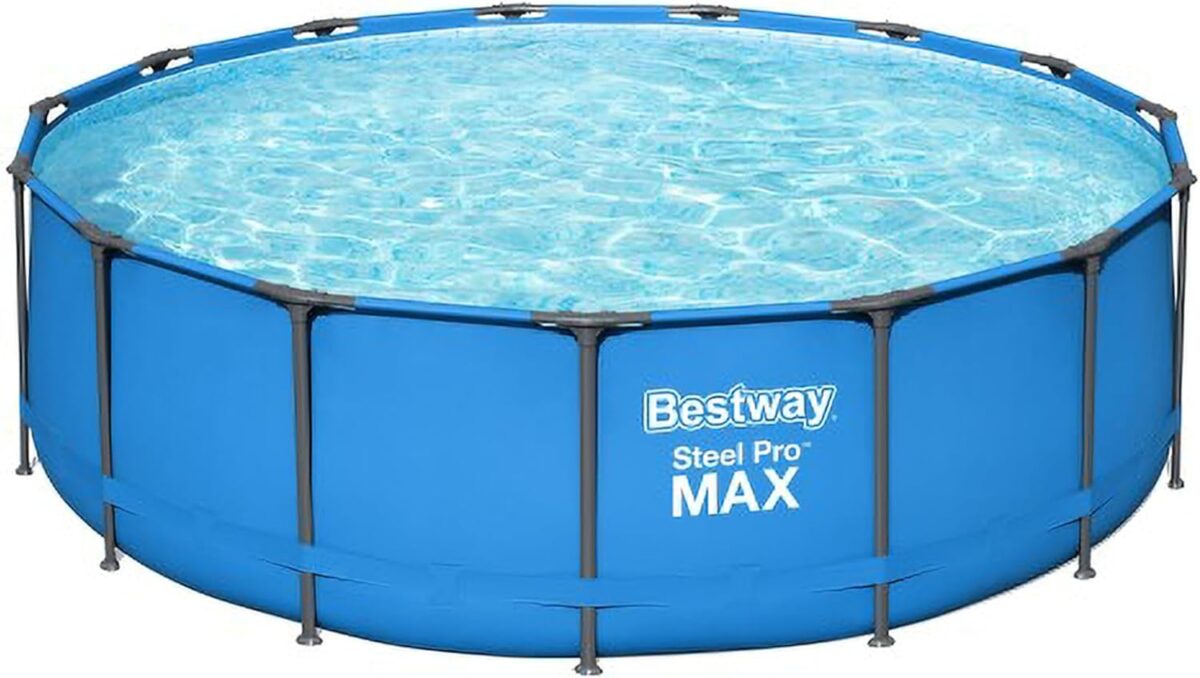 Bestway Steel Pro 15’ x 48" Round Metal Steel Frame Above Ground Outdoor Backyard Family Swimming Pool, Blue