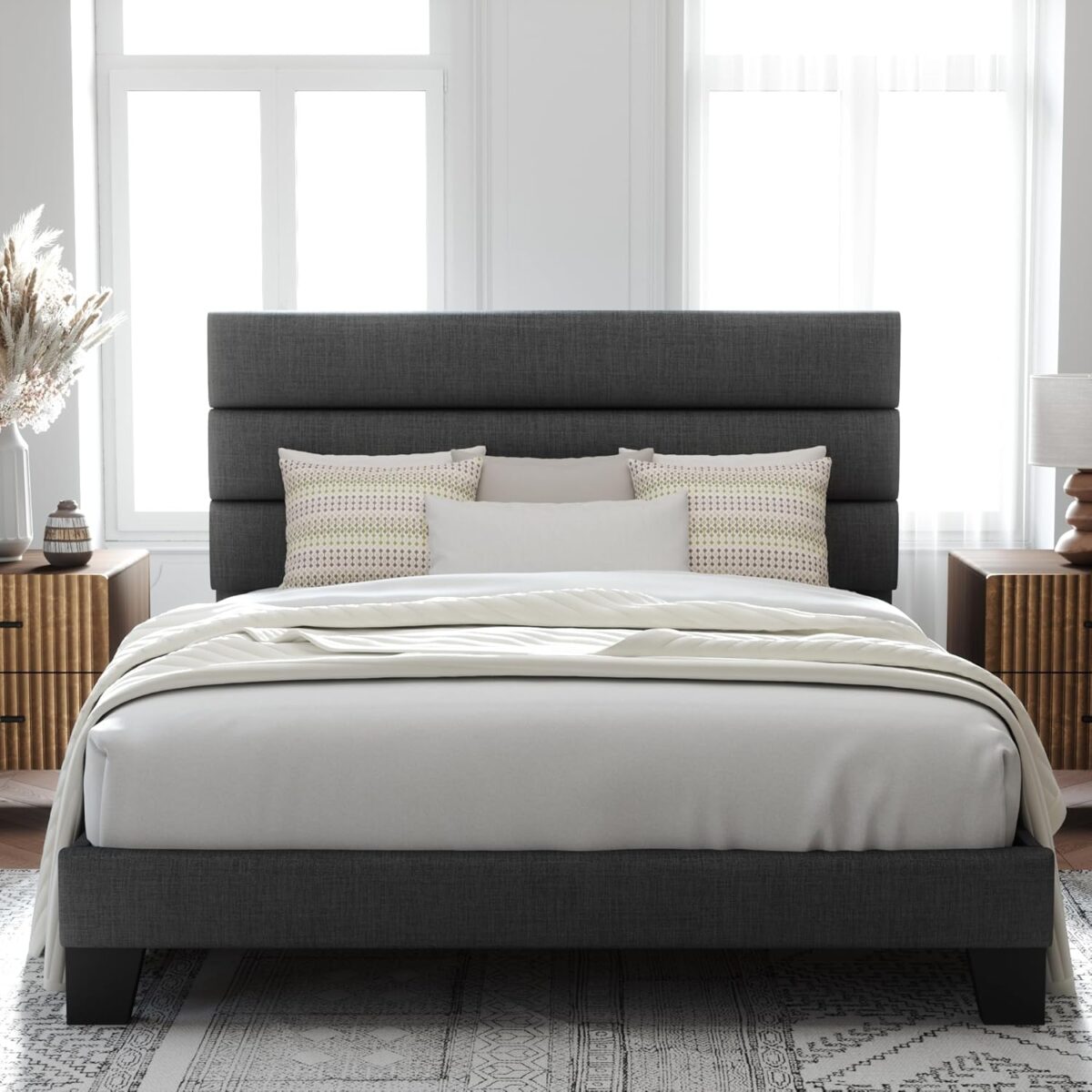 Allewie Queen Size Platform Bed Frame with Fabric Upholstered Headboard and Wooden Slats Support, Fully Upholstered Mattress Foundation/No Box Spring Needed/Easy Assembly, Dark Grey