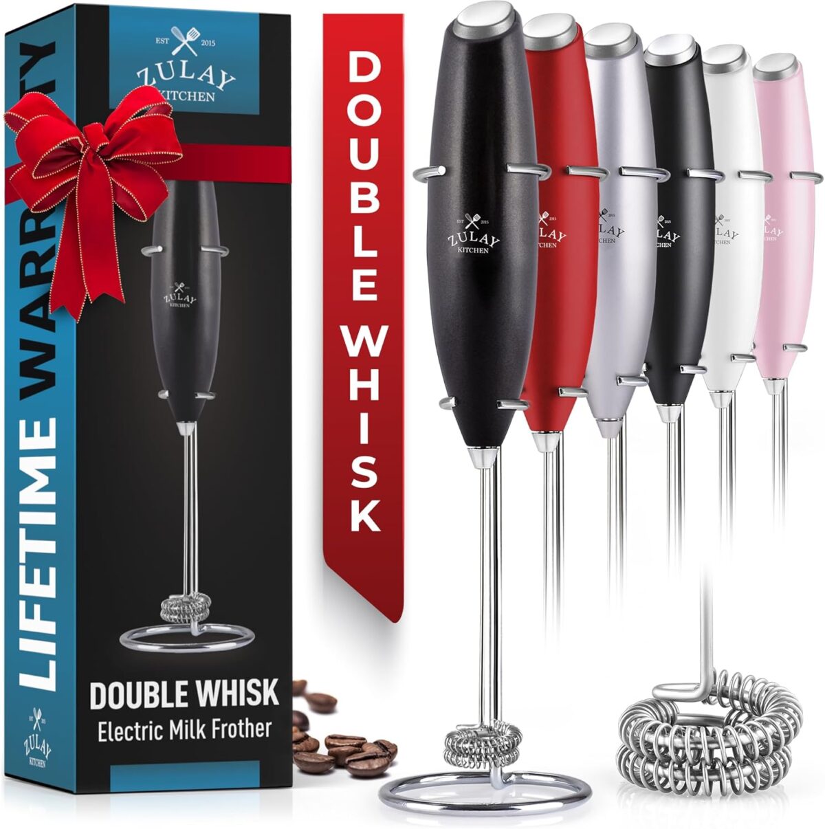 Zulay Kitchen Powerful Double Whisk Milk Frother Handheld - Foam Maker With Stand - Whisk Drink Mixer for Coffee, Mini Foamer for Latte, Matcha, Frappe, Hot Chocolate & Cappuccino (Black)