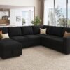 HONBAY Modular Sectional Sleeper Sofa with Pull Out Bed, Velvet U Shaped Sectional Couch with Storage Ottoman Convertible 7-Seater Sofa, Black - Image 6