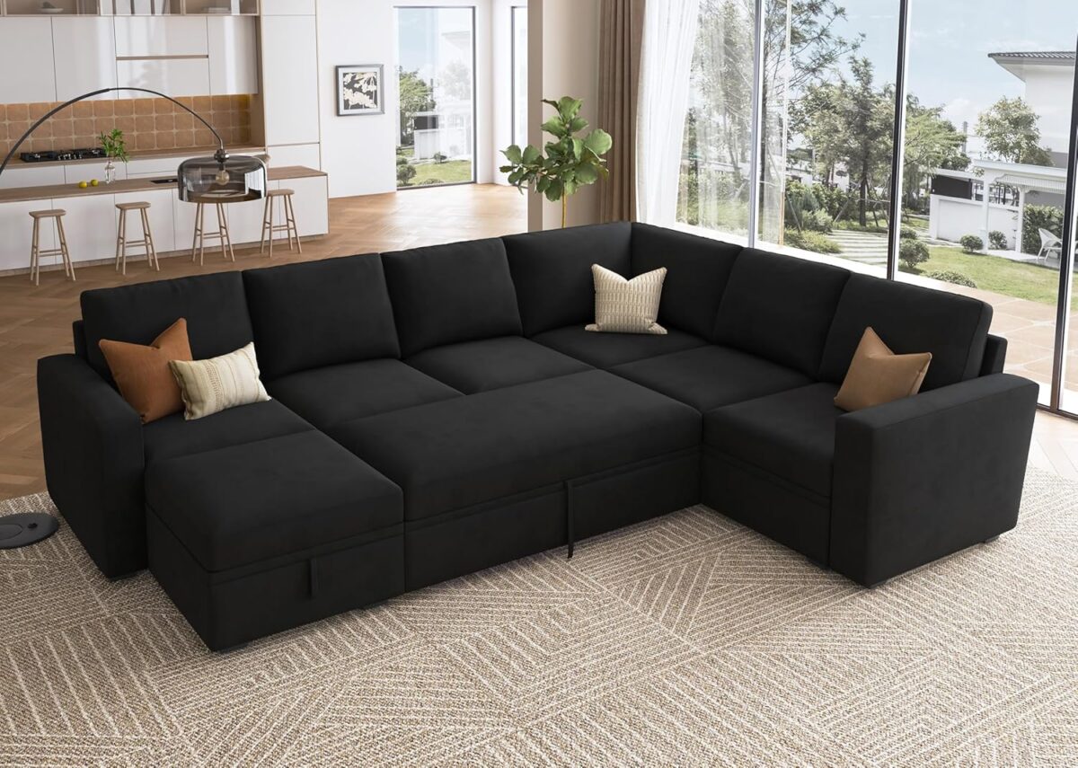 HONBAY Modular Sectional Sleeper Sofa with Pull Out Bed, Velvet U Shaped Sectional Couch with Storage Ottoman Convertible 7-Seater Sofa, Black