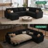 HONBAY Modular Sectional Sleeper Sofa with Pull Out Bed, Velvet U Shaped Sectional Couch with Storage Ottoman Convertible 7-Seater Sofa, Black - Image 5