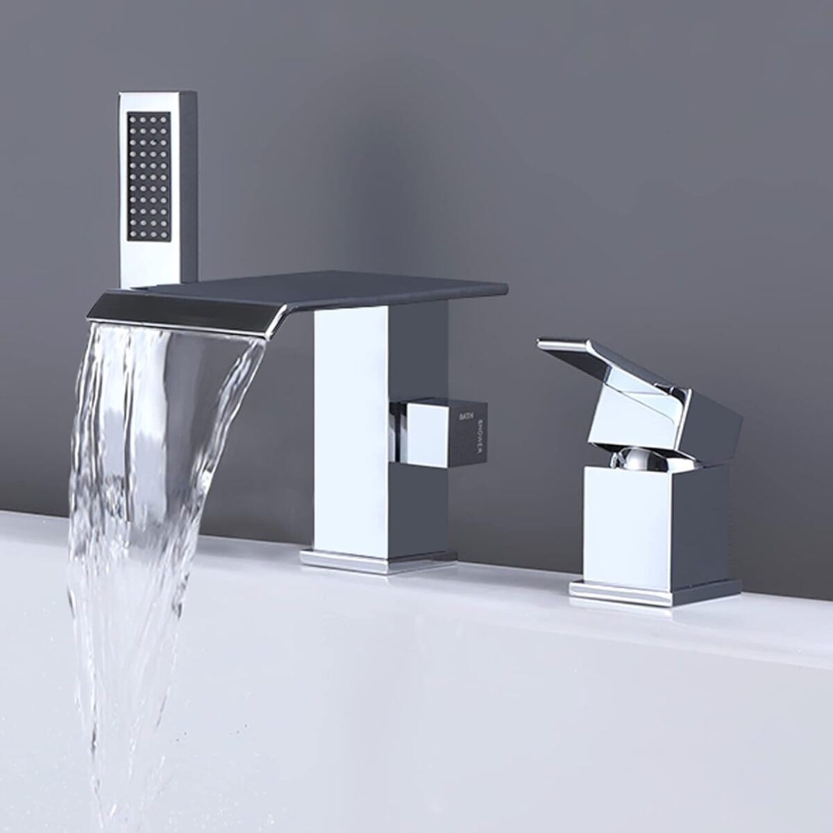 Roman Tub Faucet with Hand Shower Waterfall Bathtub Faucet 3 Hole Widespread Tub Filler Deck Mount Chrome Solid Brass High Flow