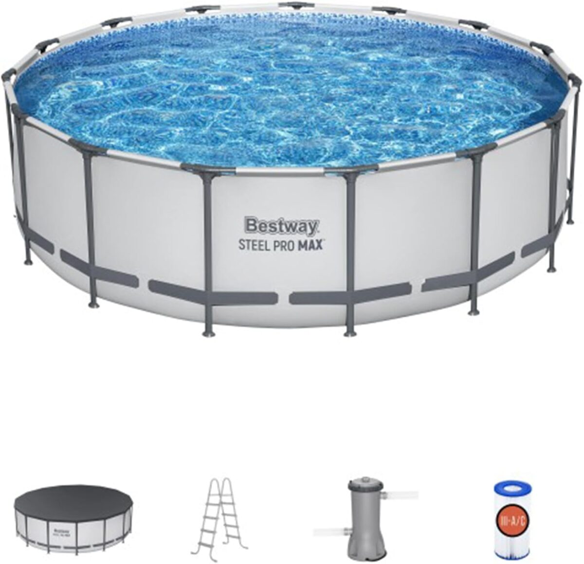 Bestway Steel Pro MAX 15 Foot by 48 Inches Round Above Ground Family Swimming Pool Set Outdoor Steel Frame with Filter, Pump, Ladder, and Cover, Gray