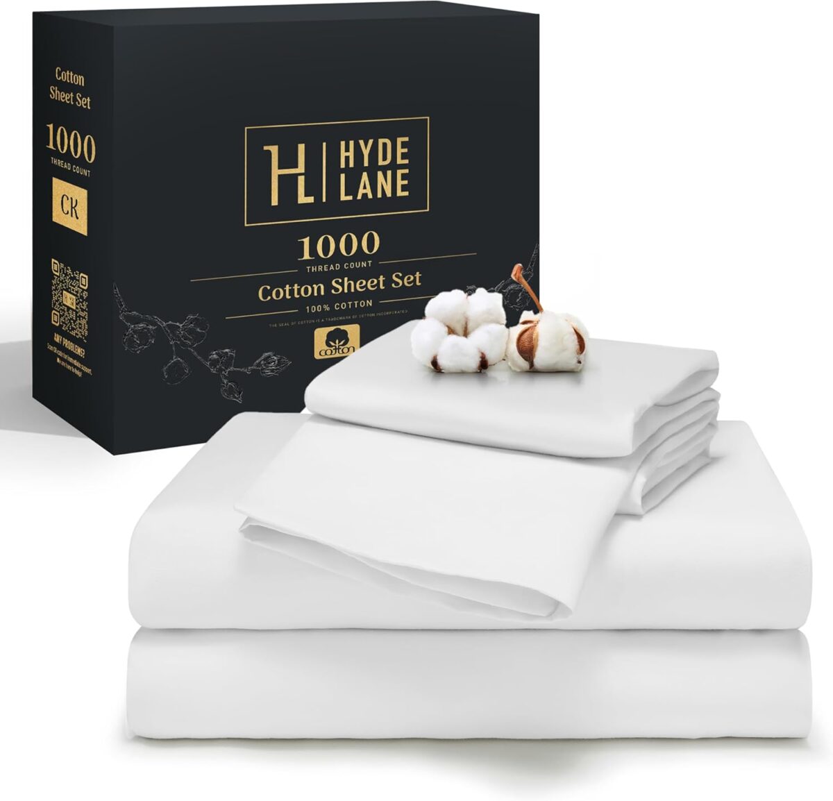 Hyde Lane Luxury 1000 Thread Count 100% Cotton Sheet Sateen King Size, Deep Pocket - Fits up to 18" Mattress, 4 PC Thick & Heavy Bed Sheets, Smooth Softer Than Egyptian Cotton (King, White)