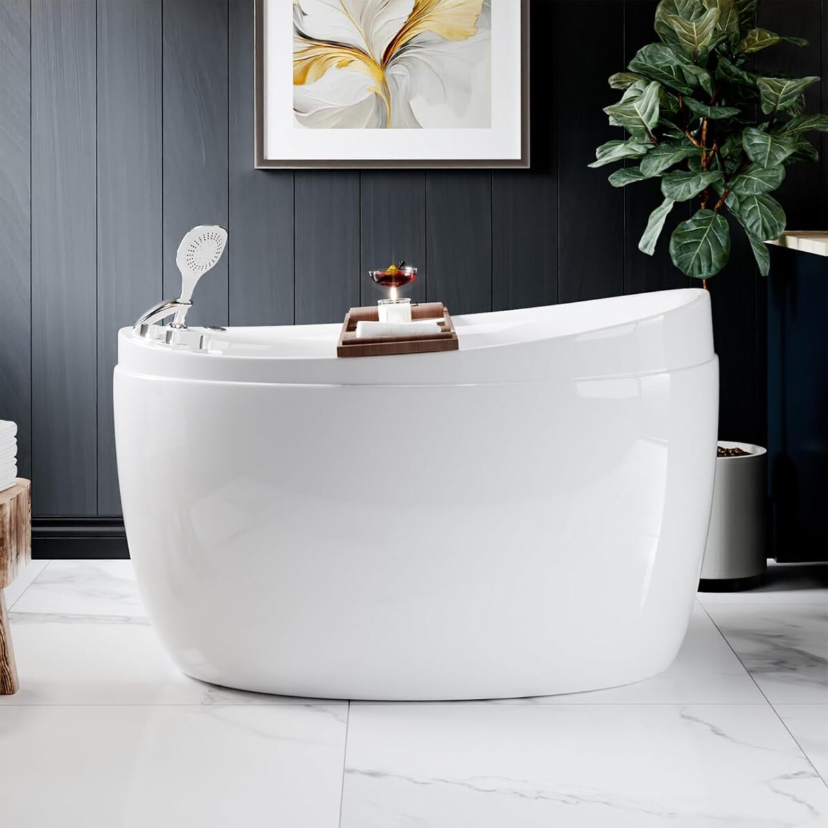 Empava 59-Inch Freestanding Air Jetted Bathtub with Micro Bubble Hydrotherapy | Oval Japanese SPA Design, Pre-Molded Seat, Luxury Soaking Tub,Glossy White