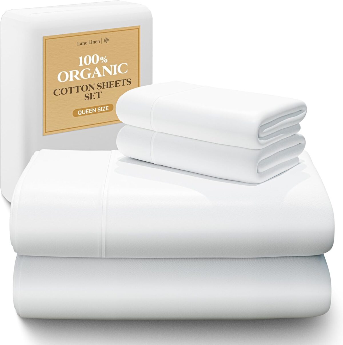 LANE LINEN 100% Organic Cotton Queen Sheet Set, 4Pc Cotton Sheets Queen Size Bed Set, Soft & Breathable Percale Weave, Deep Pocket Queen Sheets, Hotel-Quality Bed Sheets Queen Size - White Bed Sheets