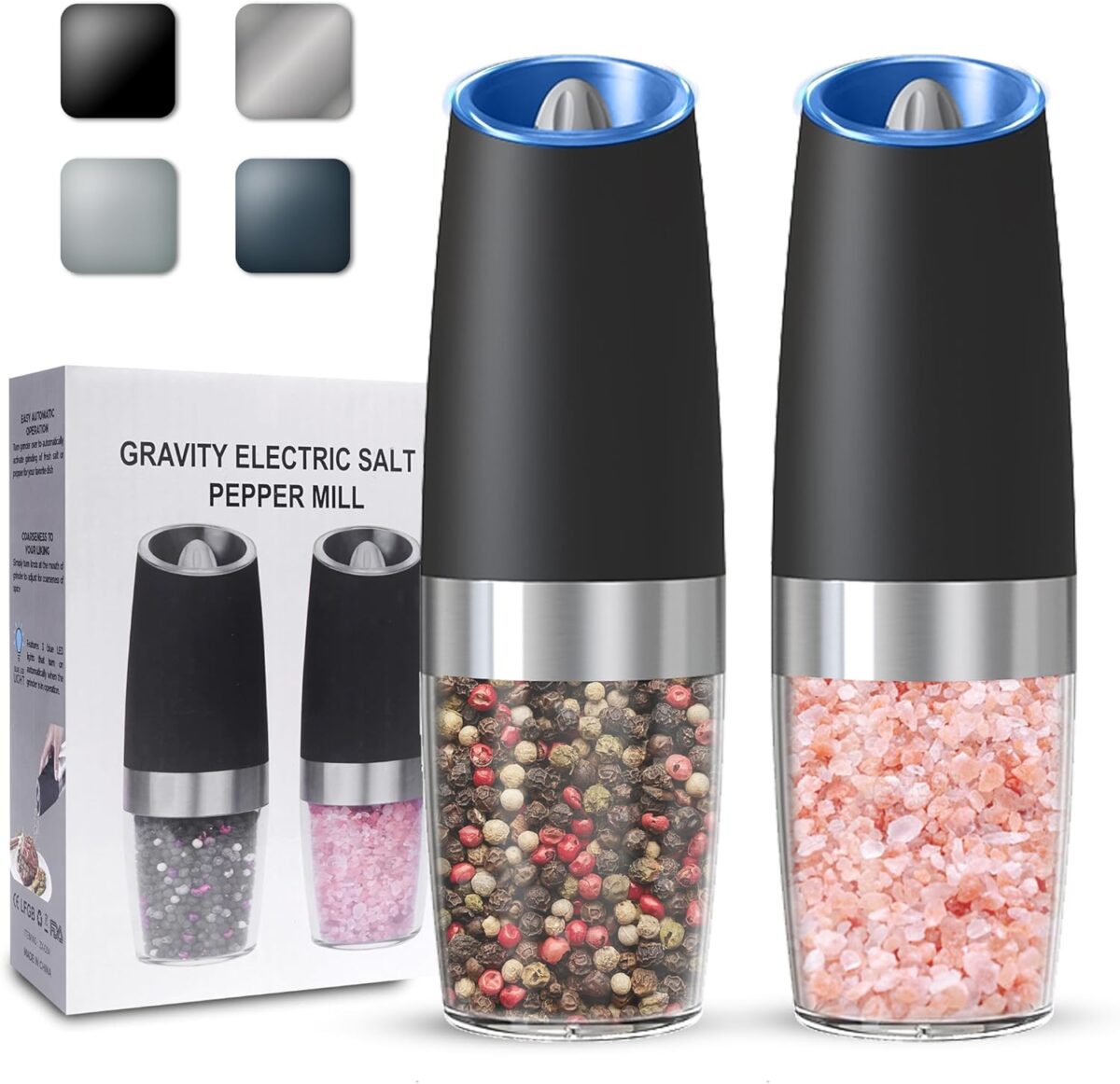 Gravity Electric Salt and Pepper Grinder set of 2, Automatic Salt And Pepper Grinder Set, Adjustable Roughness, Battery Powered, LED Light, 2 Pack, (Black)