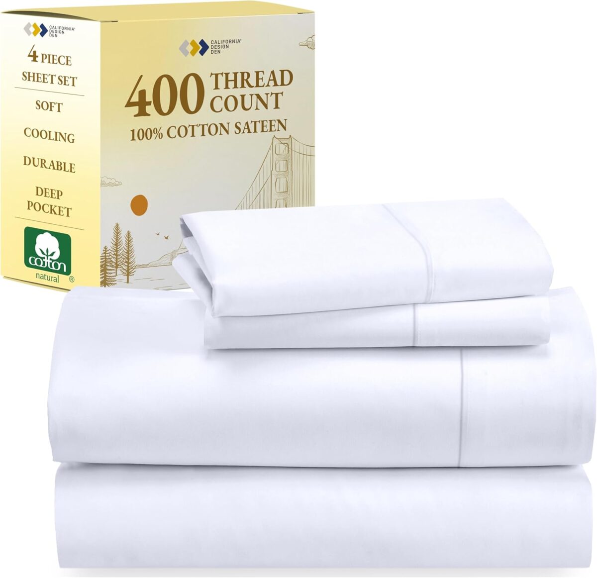 California Design Den Full Size Bed Sheets, 400 Thread Count 100% Cotton Sheets Sateen, Deep Pocket Full Size Sheet Sets, Soft & Breathable Cotton Bed Sheets, Cooling Sheets Full Size Bed Set (White)