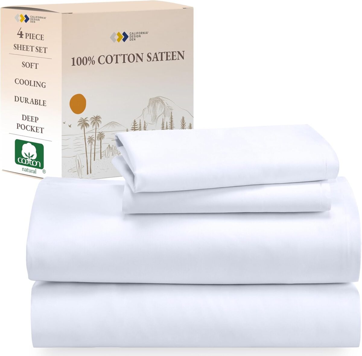 California Design Den 100% Cotton Sheets for Queen Size Bed Sheets with Deep Pocket, Queen Sheet Set with Sateen Weave, Cooling Sheets (White)