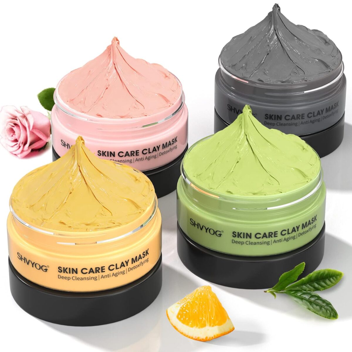 4 Pcs Clay Facial Mask Set - Turmeric, Vitamin C, Green Tea, Dead Sea Mud, and Rose Clay Skin Care Mask for Deep Cleansing, Moisturizing, and Refining Pores - 240g