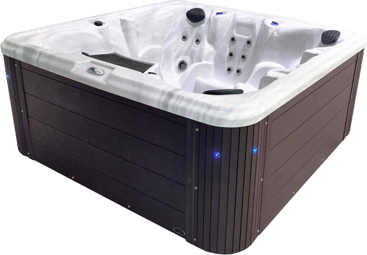 Insight Outdoor Hot Tub, Fits 6 Adults, 34 Jets, Built in Ice Bucket, Lounger Headrest Seating, Spa, Cover Included, Made in USA, Aqualife by Strong Spas