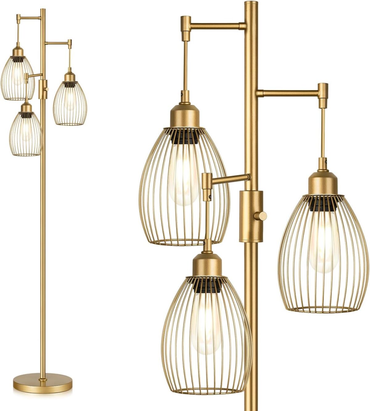 Dimmable Industrial Floor Lamps for Living Room, Gold Tree Standing Tall Lamps with 3 Elegant Teardrop Cage Head & 800 Lumens LED Bulbs for Bedroom Office