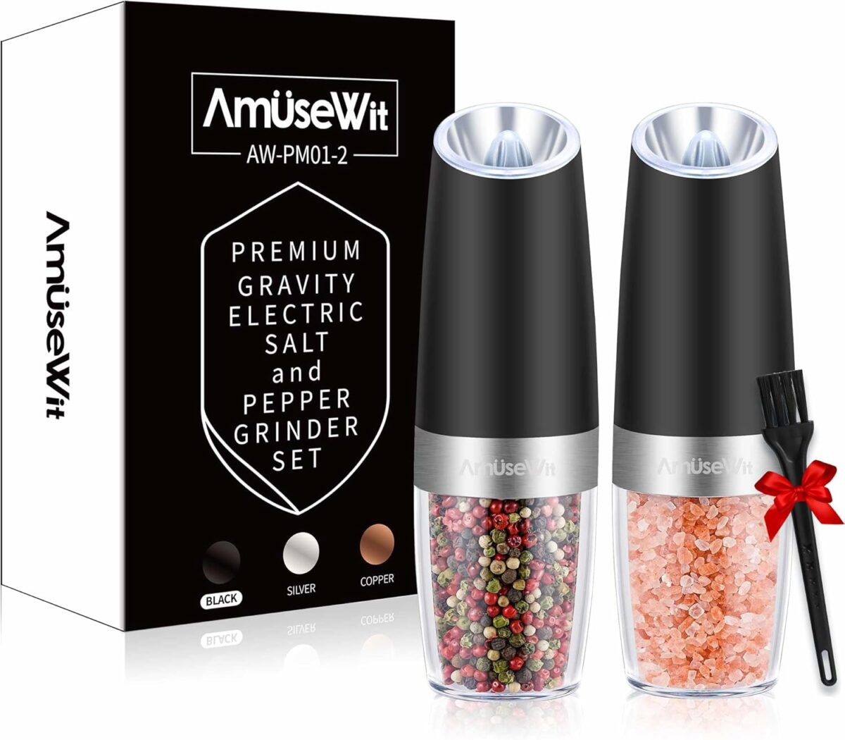 AmuseWit Gravity Electric Salt and Pepper Grinder Set of 2 [White Light] Battery Operated Automatic Pepper and Salt Mills with Light,Adjustable Coarseness,One Handed Operation,Black