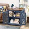 Farmhouse End Table with Charging Station Set 2, 24" Large Sofa Side Table with Glass Barn Door, Blue Nightstand with Adjustable Storage Shelf,Wood Square Bedside Table for Living Room,Bedroom - Image 4