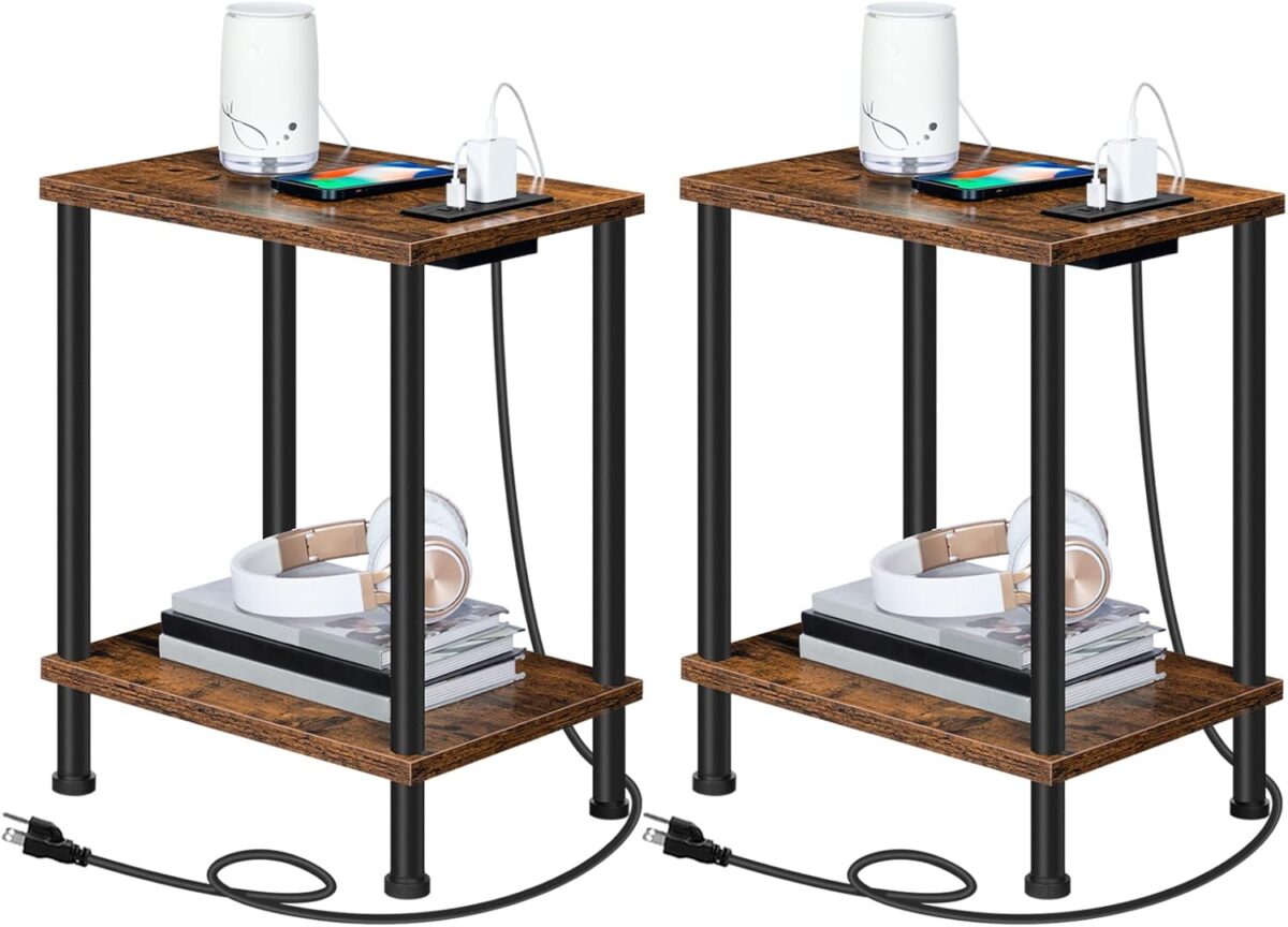 HOOBRO Side/End Table with Charging Station, Set of 2 with USB Ports and Outlets, Nightstand with 2-Layer Storage Shelves for Small Spaces, Living Room, Bedroom, Rustic Brown BF09UBZP201