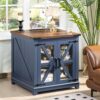 Farmhouse End Table with Charging Station Set 2, 24" Large Sofa Side Table with Glass Barn Door, Blue Nightstand with Adjustable Storage Shelf,Wood Square Bedside Table for Living Room,Bedroom - Image 2