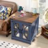 Farmhouse End Table with Charging Station Set 2, 24" Large Sofa Side Table with Glass Barn Door, Blue Nightstand with Adjustable Storage Shelf,Wood Square Bedside Table for Living Room,Bedroom - Image 6