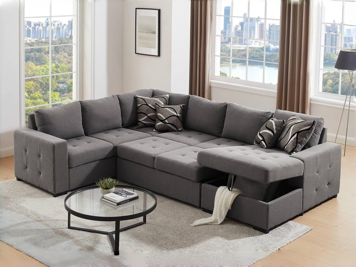 THSUPER Sectional Sleeper Sofa Bed with Storage Chaise, U Shape Oversized Sectional Couch with Pull Out Bed for Living Room Gray, 6 Seater Gray