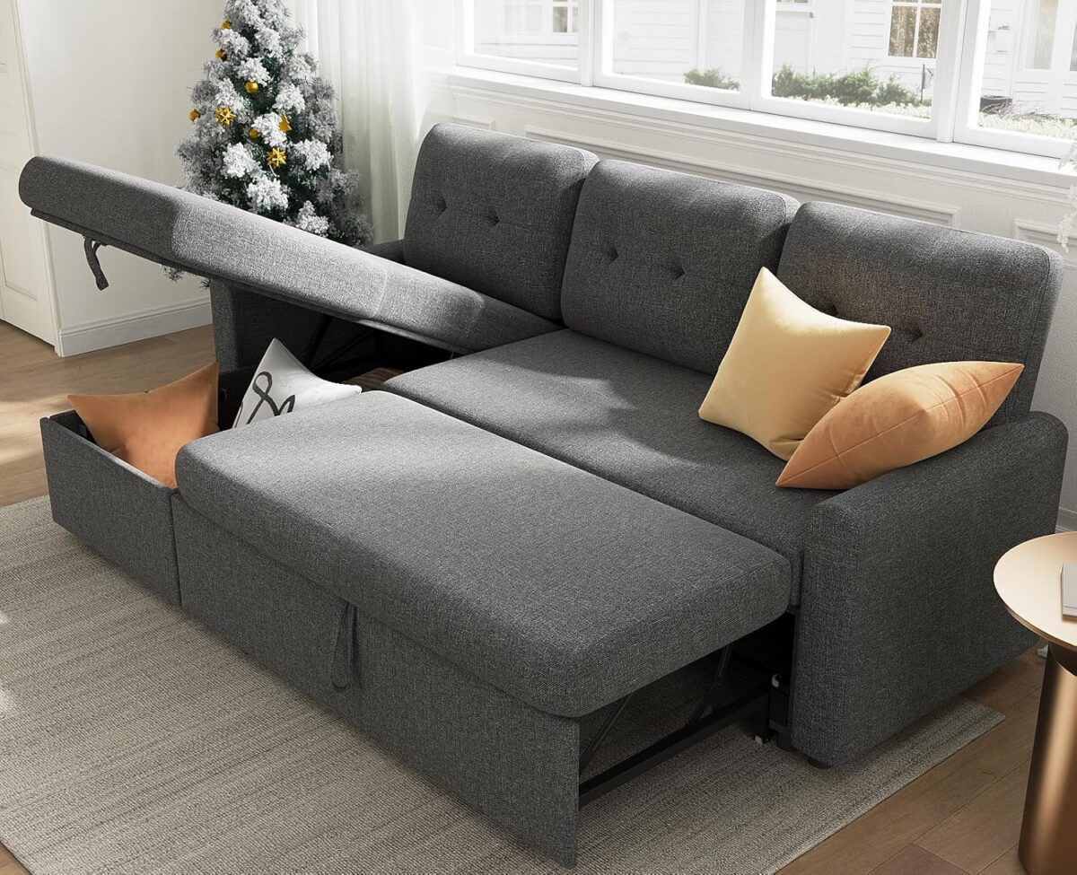 IULULU Sleeper Sofa, L Shaped Sectional Couch with Pullout Bed, Reversible Storage Chaise, 2 in 1 Pull Out Couches for Living Room, Apartment, Medium Grey