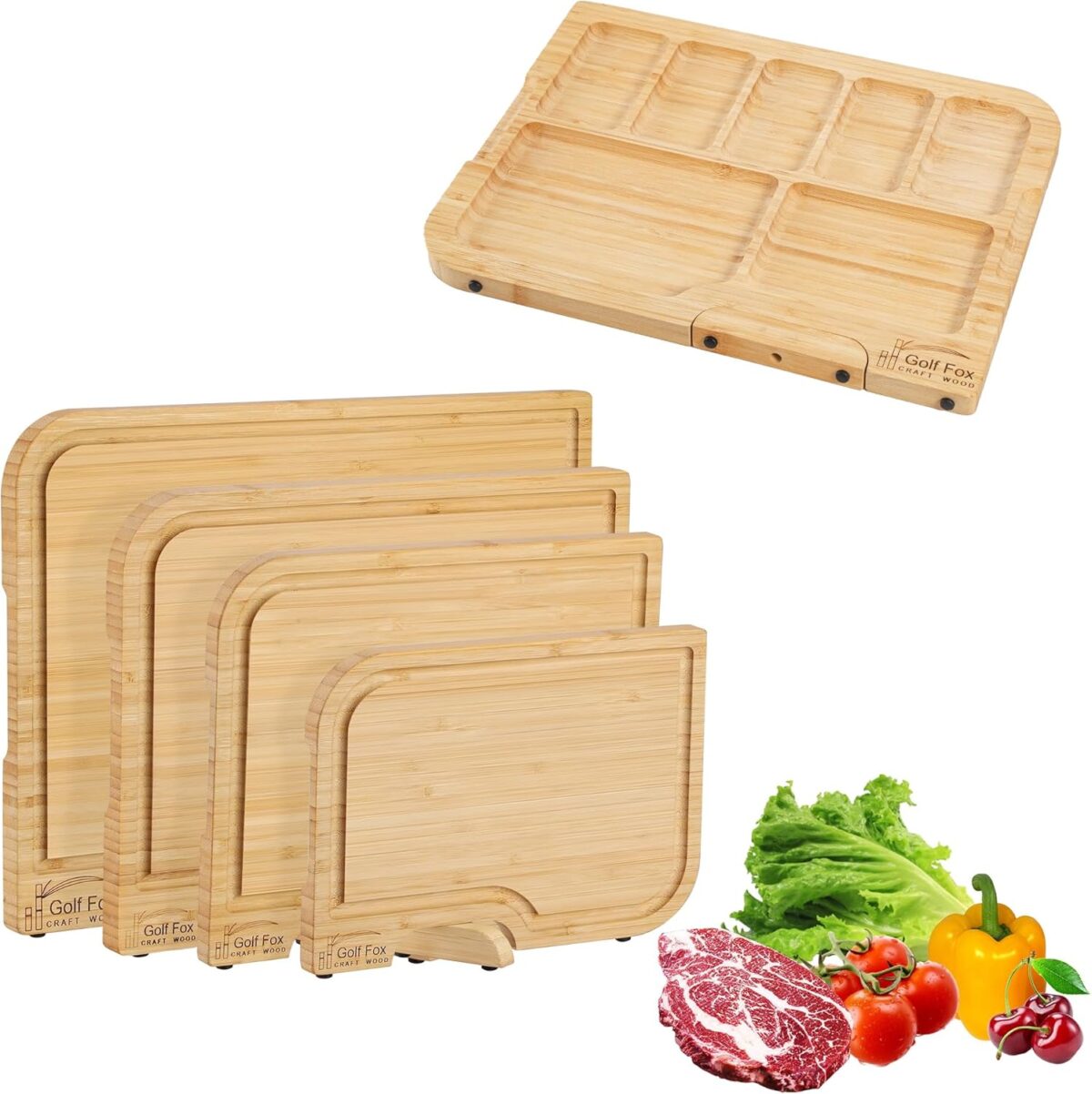 4-Piece Bamboo Cutting Board set for Charcuterie & Chopping, Unique Wooden Cutting Board for Kitchen with stand, Juice Groove & Handle, Idea for Meat, Vegetables & Fruits, Kitchen Gift for Home Cooks