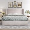 Allewie Queen Size Lift Up Storage Bed, Modern Wingback Headboard, Hydraulic Support, No Box Spring Needed, Light Beige - Image 7