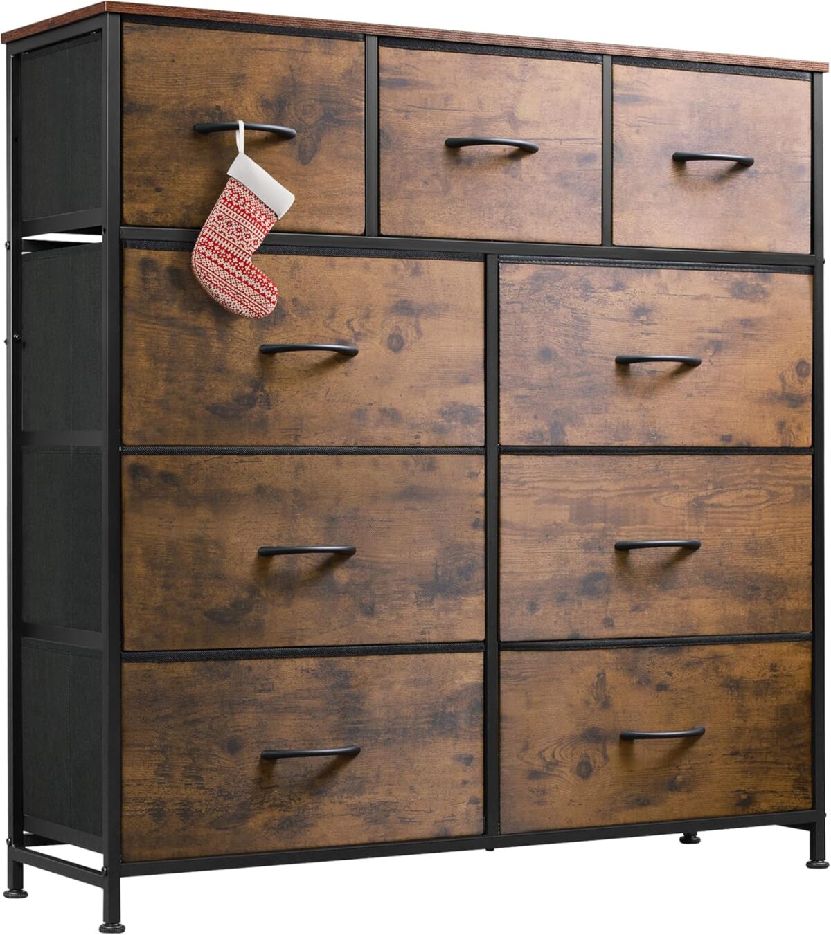 WLIVE 9-Drawer Dresser, Fabric Storage Tower for Bedroom, Hallway, Entryway, Closet, Tall Chest Organizer Unit with Fabric Bins, Steel Frame, Wood Top, Easy Pull Handle, Rustic Brown Wood Grain Print