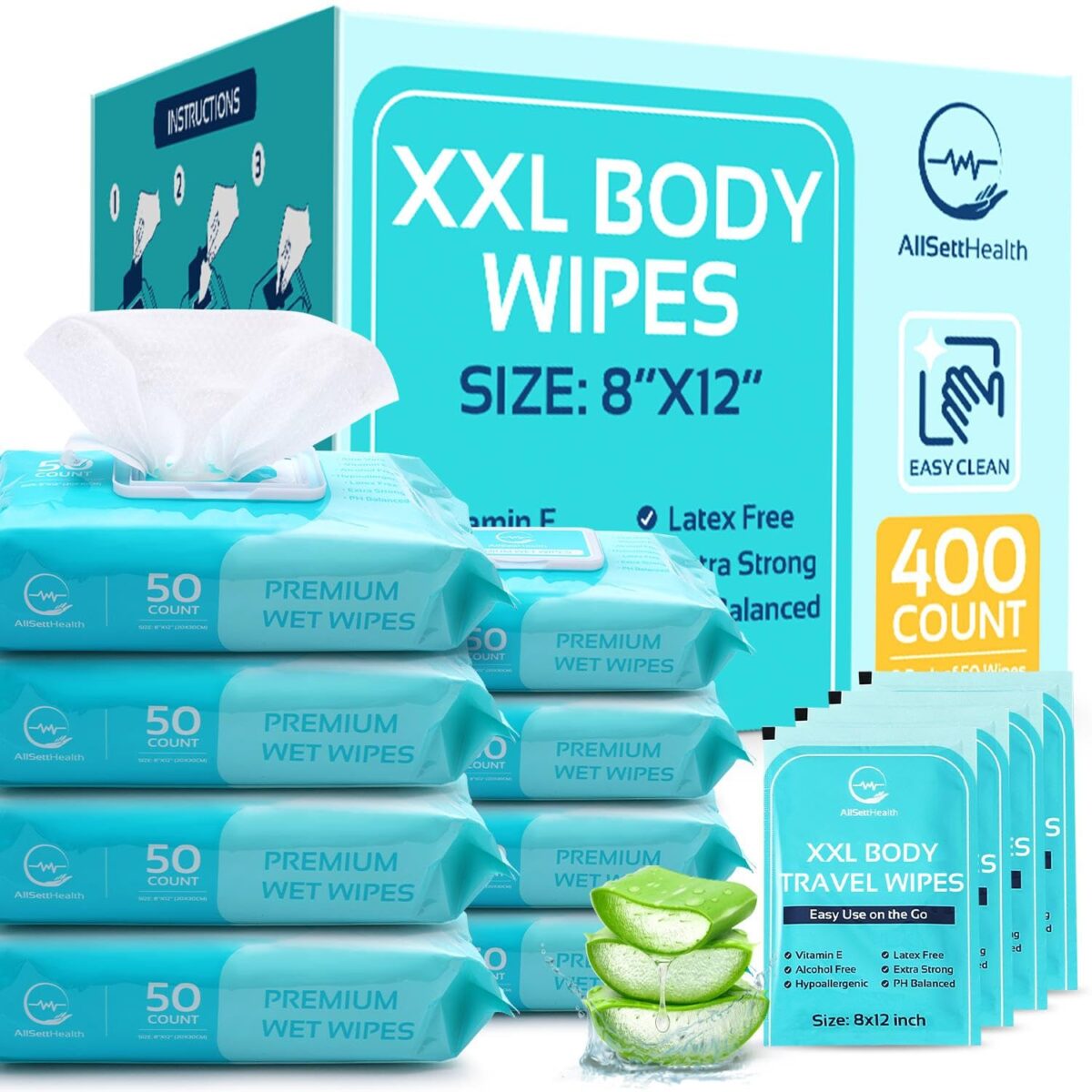 Body Wipes for Adults, Rinse Free Bathing Wipes 8" x 12" (400 count) + 8 Travel Wipes, Disposable Washcloths with Aloe Vera - XL