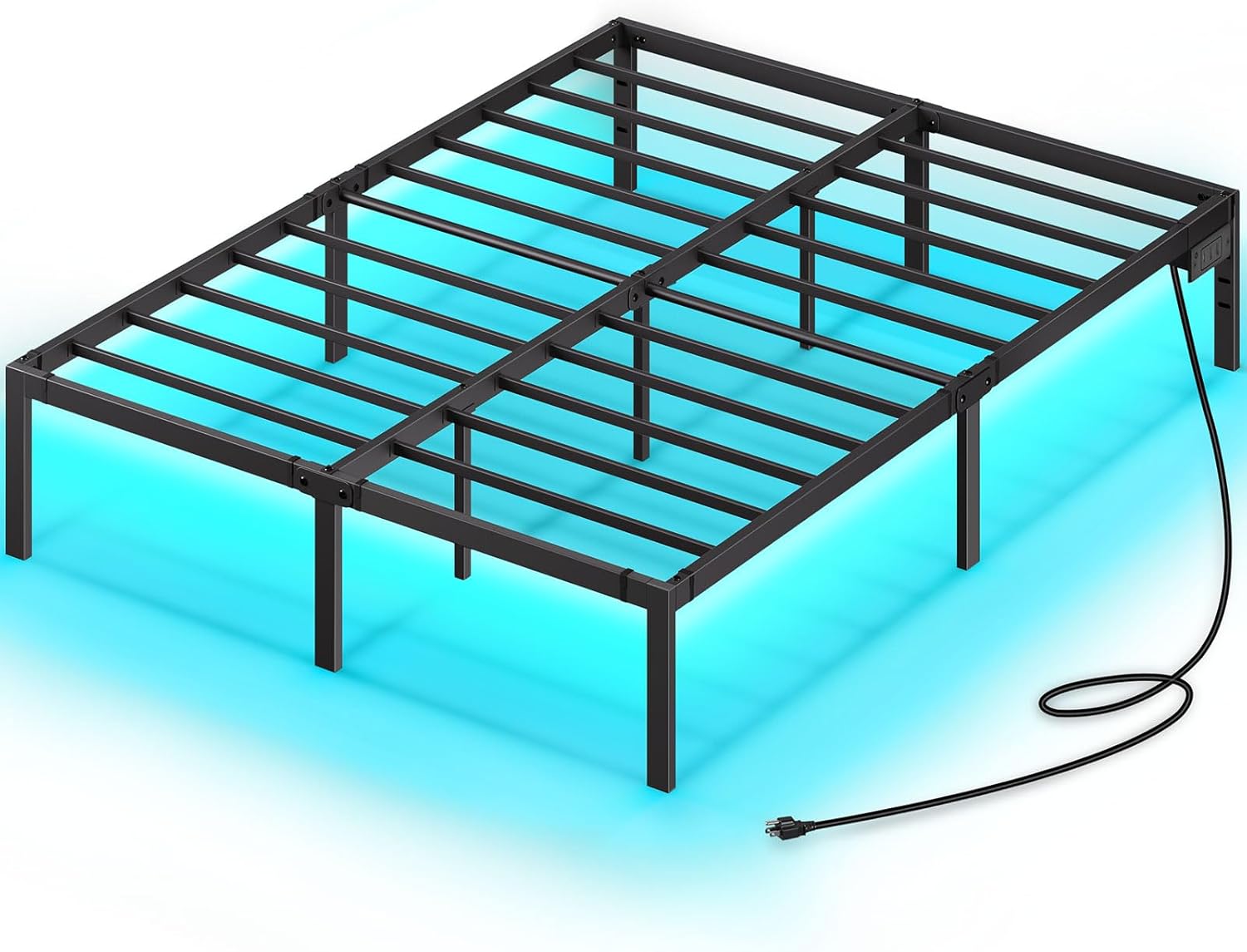 Rolanstar Bed Frame with USB Charging Station, Full Bed Frame with LED Lights, Platform Bed Frame with Heavy Duty Steel Slats, 14" Storage Space Beneath Bed