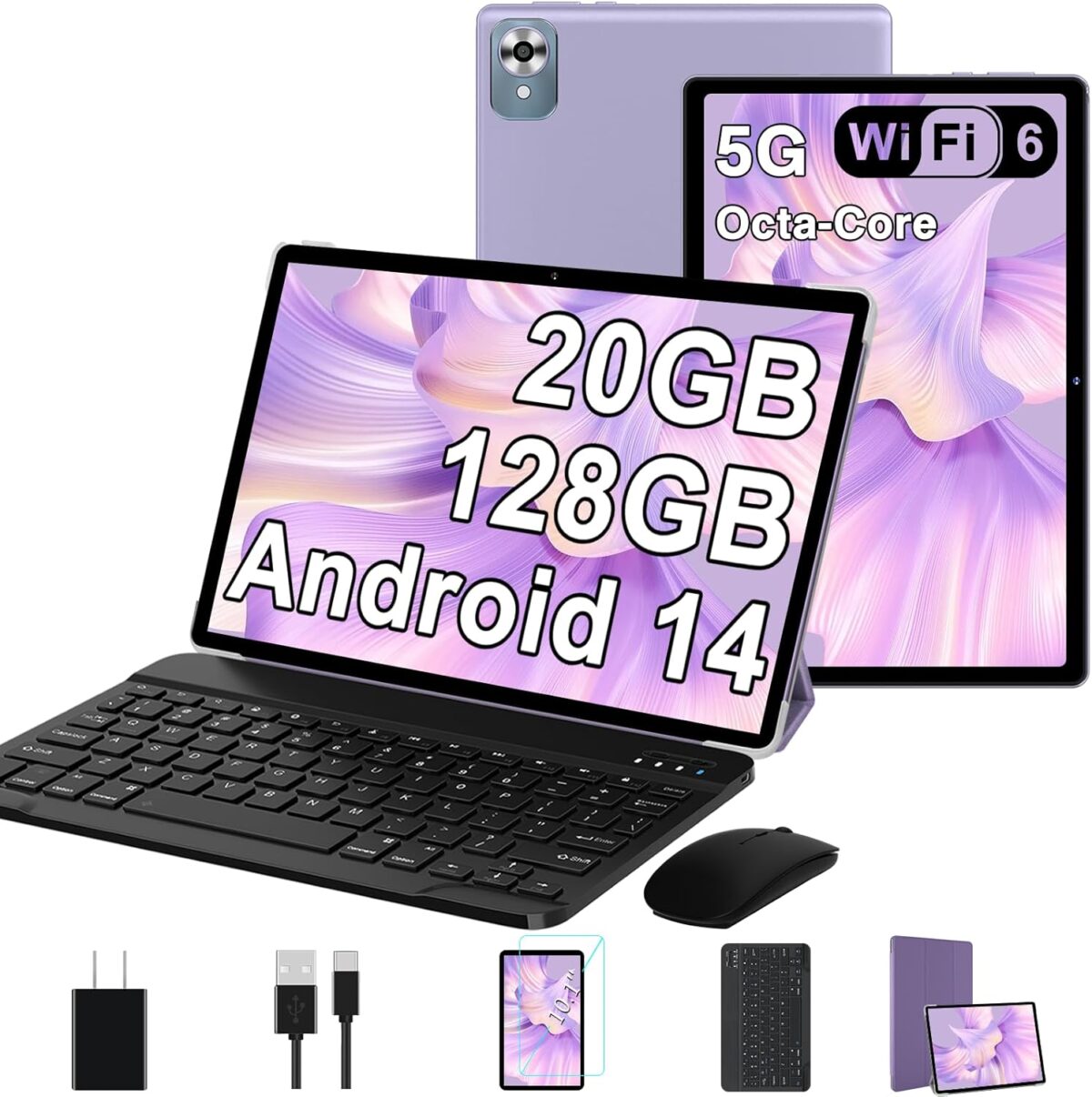 2025 Android 14 Tablet with Keyboard 20GB+128GB+1TB Expand, 10.1 Inch Octa-Core 2-in-1 Tablets with HD IPS Display, 5G WiFi 6, 6000mAh Battery, BT5.0, Split Screen, Widevine L1, Mouse, Case -Purple