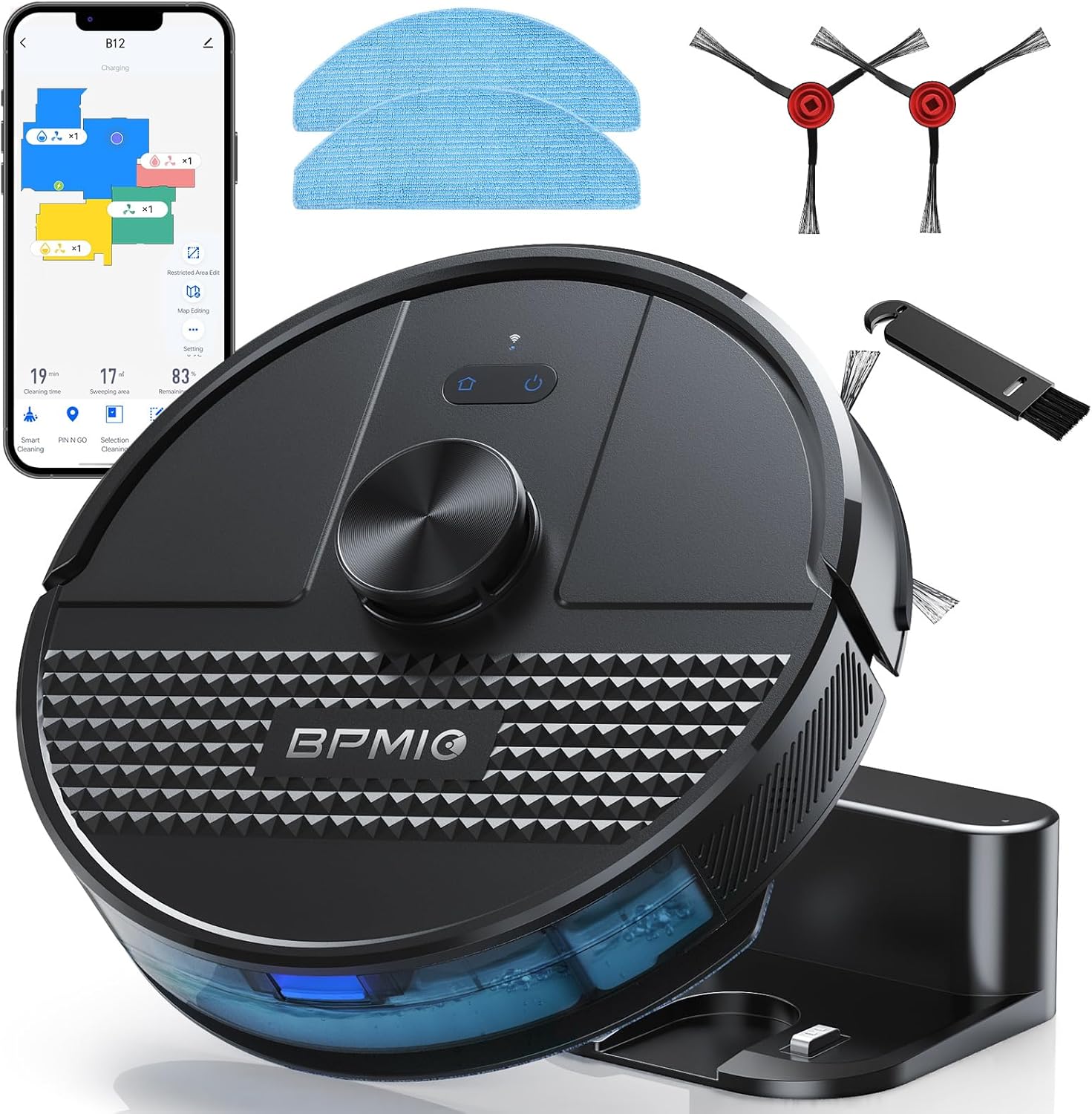 BPMIO Robot Vacuum and Mop Combo 4500Pa Max Suction with LiDAR Navigation Smart Mapping, 145 Min Runtime Customized Cleaning Schedule, Works with Alexa/WiFi/App, Great for Pet Hair, Carpet, Hard Floor