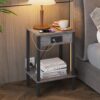 Set of 2 End Table with Charging Station, Narrow Side Table with USB Ports and Outlets, Nightstands with 2-Tier Storage Shelves, Sofa Table for Small Space Living Room Bedroom, Grey - Image 2