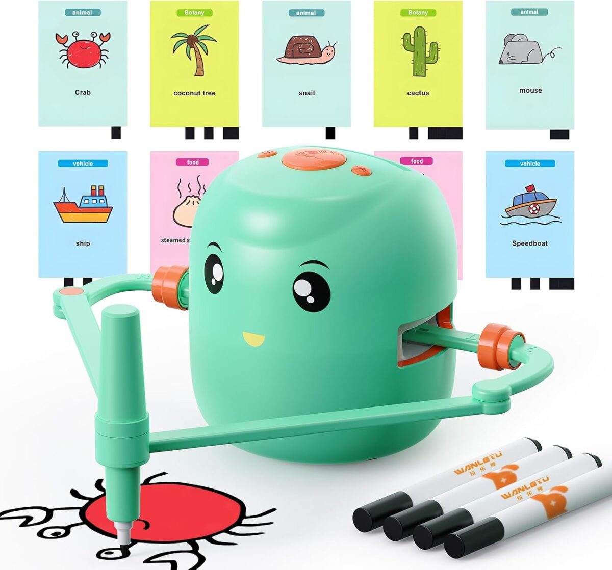 Interactive Educational Drawing Robot for Kids - Montessori Learning Toy with 100 Word Cards, Voice Interaction, Ages 5+ (Green)