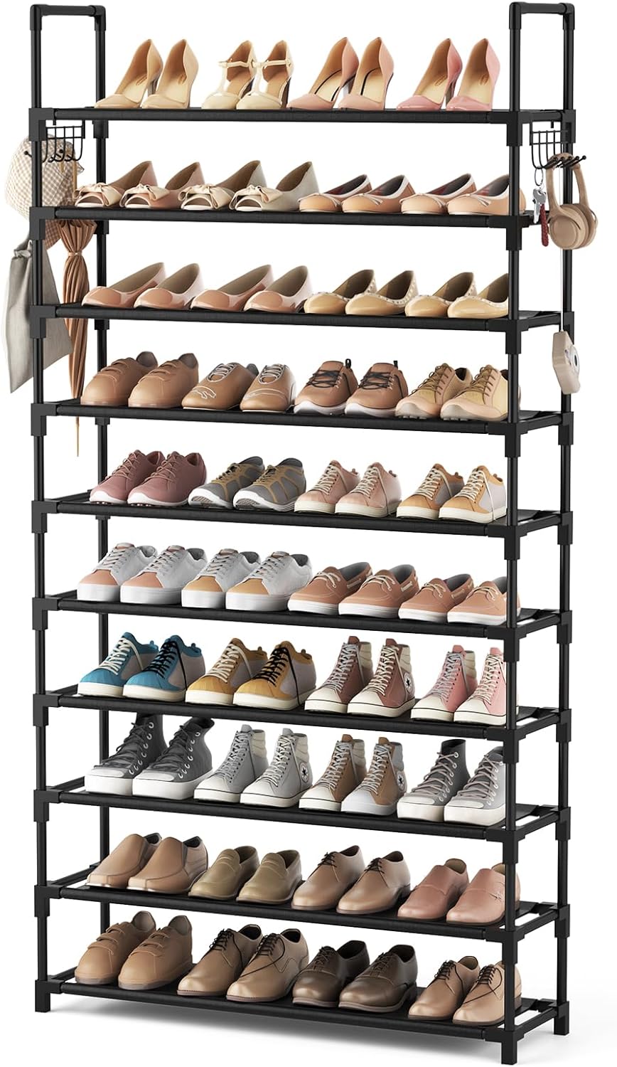 VTRIN 10 Tiers Shoe Rack Tall Large Capacity 50 Pairs Wide Shoe Organizer Sturdy Shoe Shelf for Entryway with Two Hooks Metal Shoe Storage for Closet, Bedroom, Black