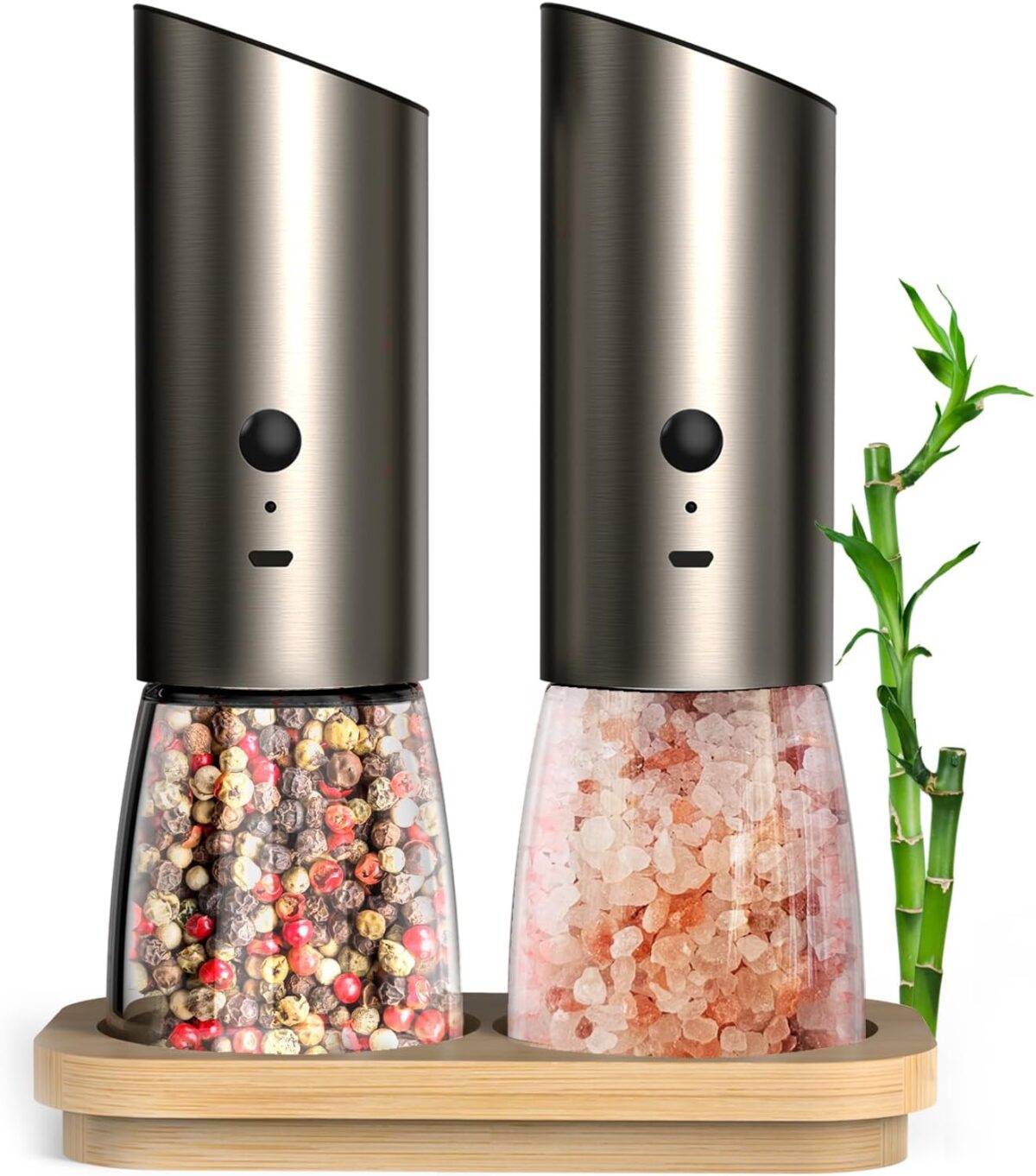 Electric Salt and Pepper Grinder Set with Adjustable Coarseness, LED Light and a Bamboo Base – Rechargeable Stainless Steel Spice Grinder for Kitchen - Automatic Salt and Pepper Shakers