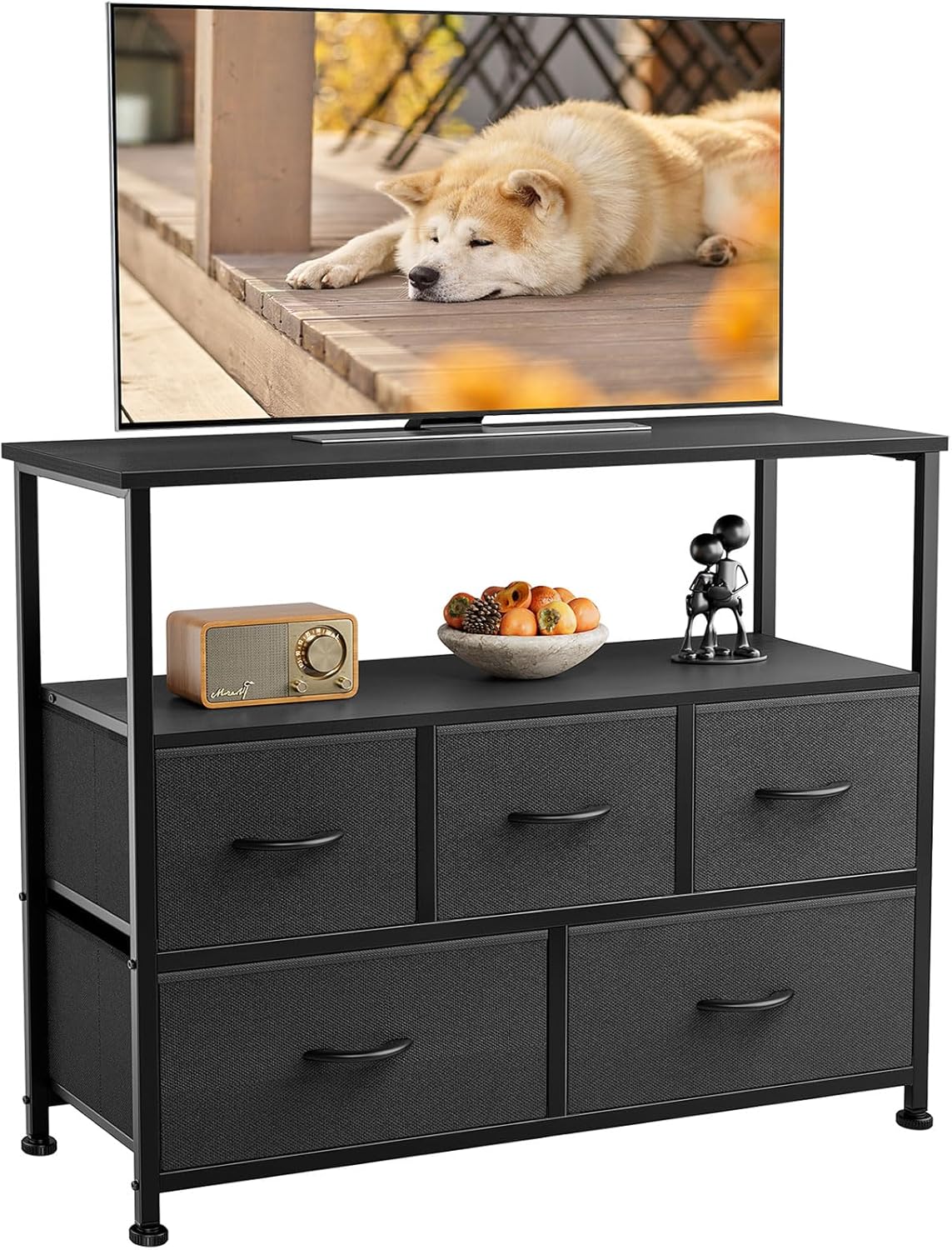 DUMOS TV Stand Dresser for Bedroom with 5 Fabric Drawer,Entertainment Center for 45 inch Television, Media Console Table with Storage, Open Shelf, Adjustable Feet, Living Room Furniture, Blac