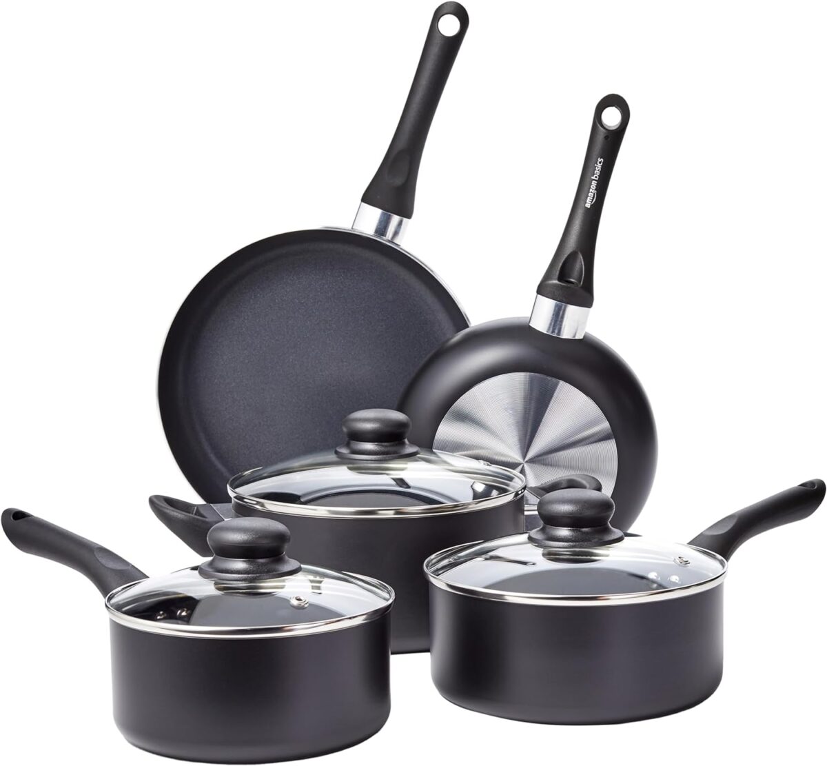 Amazon Basics Non Stick Kitchen Cookware 8-Piece Set, Non-Induction, Includes Pots and Pans, Black