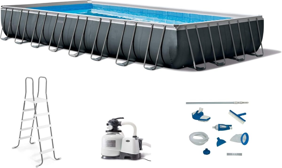 Intex 26373EH 32ft x 16ft x 52in Ultra XTR Frame Above Ground Rectangular Swimming Pool Set with Sand Filter Pump, Ladder, Cover, & Maintenance Kit