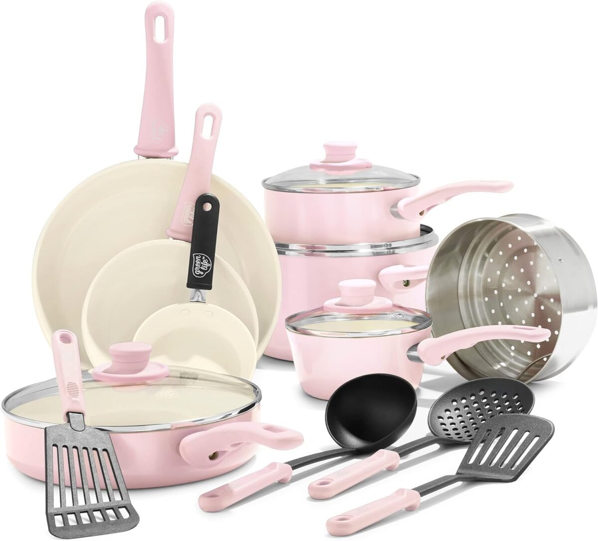 GreenLife Soft Grip 16 Piece Cookware Set, Non-Toxic PFAS-Free Ceramic Nonstick, Frying, Sauce, Saute, Utensils, Glass Lids, Stay-Cool Handles, Wobble Free, Dishwasher & Oven Safe, Soft Pink