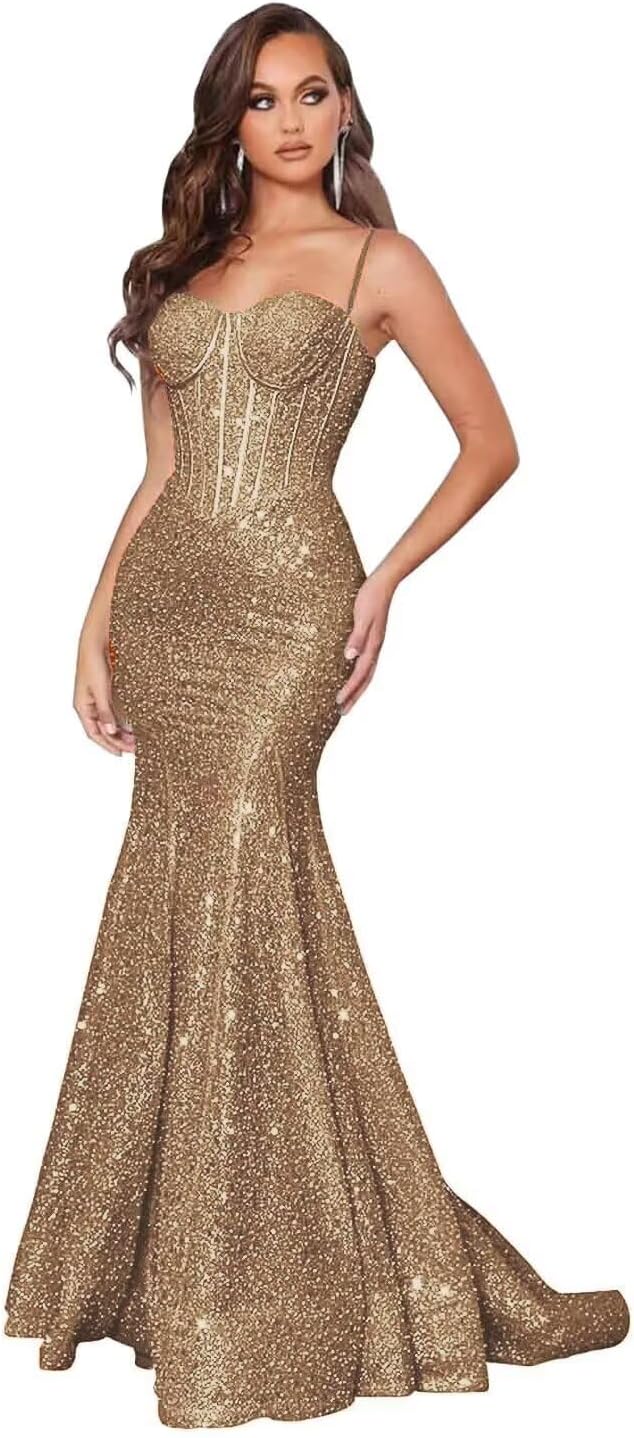 Sparkly Sequin Prom Dresses for Women Mermaid Gowns Evening Dresses Spaghetti Straps Bodycon Formal Party Dress