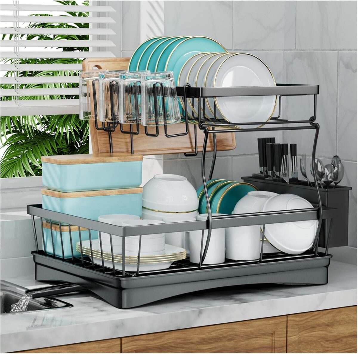 Large Dish Drying Rack for Kitchen Counter,Detachable Large Capacity Dish Drainer Organizer with Utensil Holder,2-Tier Dish Drying Rack with Drain Board,Black